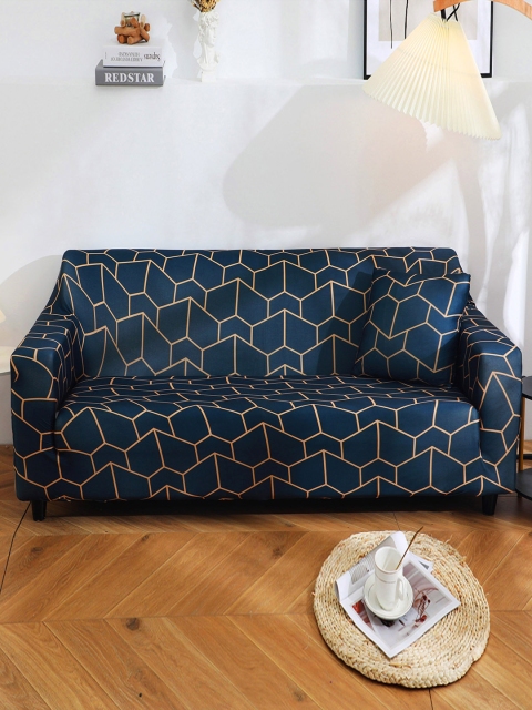 

HOUSE OF QUIRK Navy Blue & Yellow Printed 2-Seater Stretchable Non-Slip Sofa Slipcover