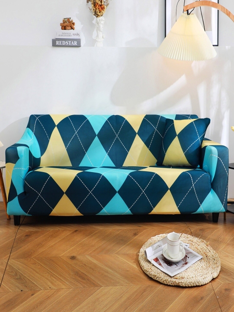

HOUSE OF QUIRK Blue & Yellow Printed 3-Seater Stretchable Non-Slip Sofa Cover