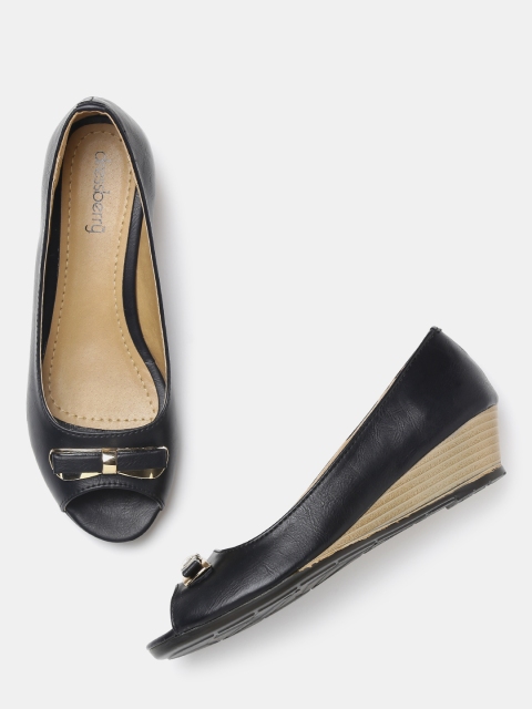 

DressBerry Women Black Solid Peep-Toed Wedges