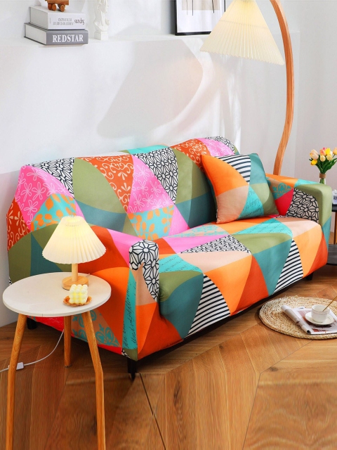 

HOUSE OF QUIRK Orange & Blue Printed 2-Seater Stretchable Non-Slip Sofa Slipcover