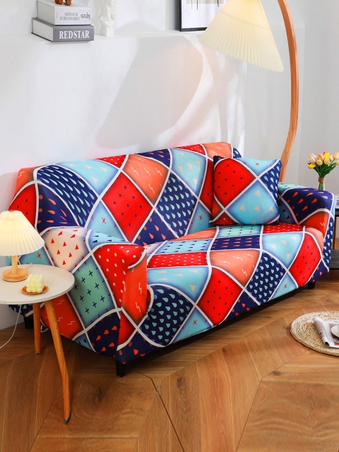 

HOUSE OF QUIRK Red & Blue Printed 4-Seater Stretchable Non-Slip Sofa Slipcover