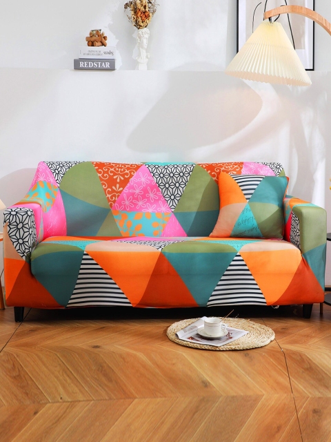 

HOUSE OF QUIRK Orange & Blue Printed 4-Seater Stretchable Non-Slip Sofa Slipcover
