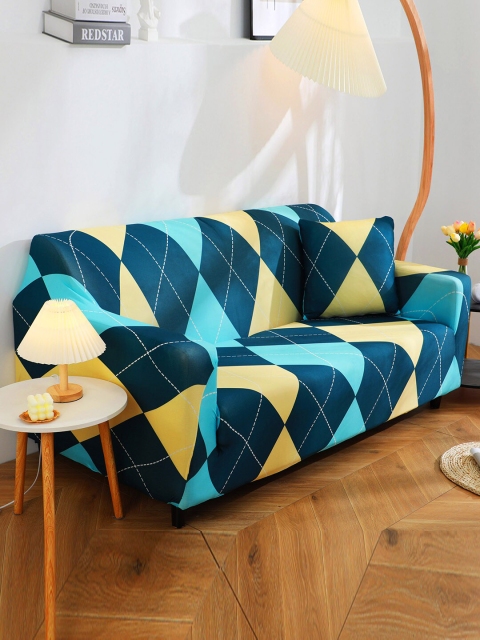 

HOUSE OF QUIRK Blue & Yellow Printed 4-Seater Stretchable Non-Slip Sofa Slipcover