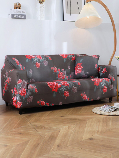 

HOUSE OF QUIRK Brown & Red Printed 4-Seater Stretchable Non-Slip Sofa Slipcover
