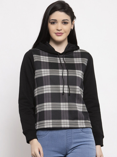 

UnaOne Women Black & White Checked Hooded Rapid-Dry Sweatshirt
