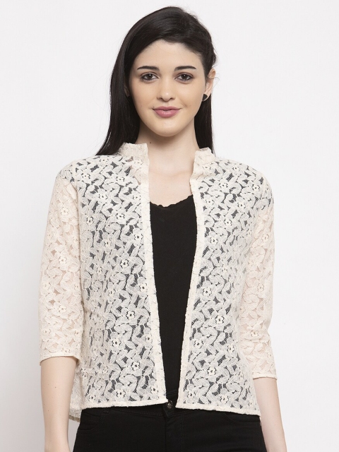 

UnaOne Women Beige Self Design Open Front Shrug