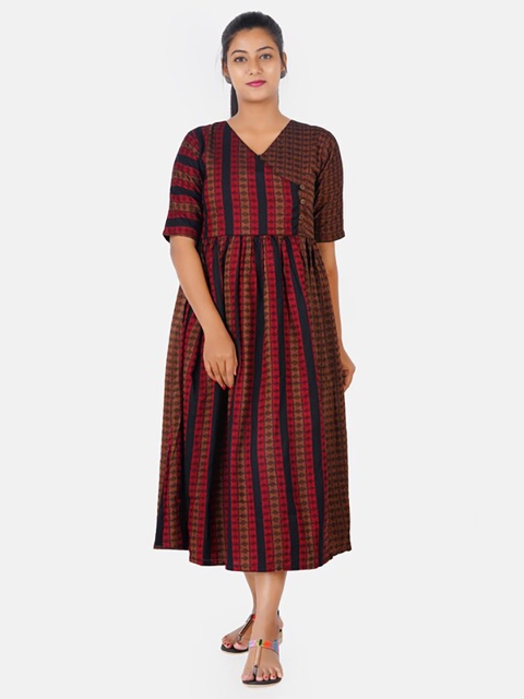 

Putchi Red & Black Striped Cotton Maternity Midi Dress with Pockets