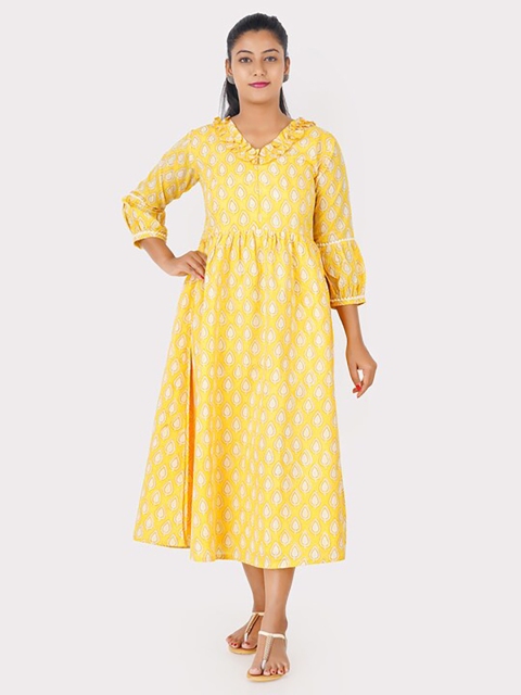 

Putchi Yellow Ethnic Motifs Maternity Cotton Midi Dress