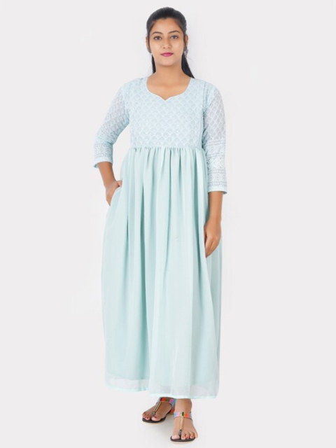 

Putchi Blue Ethnic Motifs Embroidered Cotton Maternity Maxi Dress with Pockets