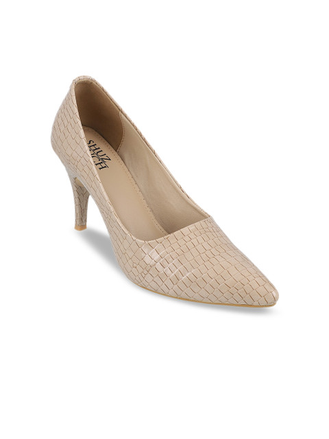 

SHUZ TOUCH Cream-Coloured Snakeskin Textured Slim Heeled Pumps