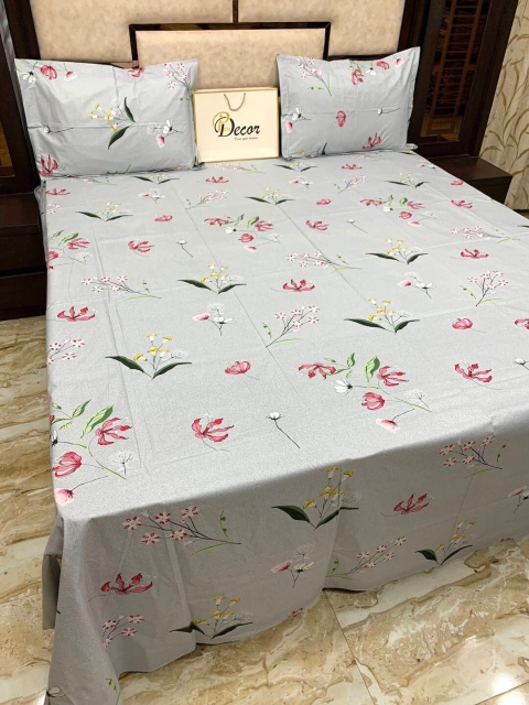 

Pure Decor Grey & White Floral 400 TC King Bedsheet with 2 Pillow Covers
