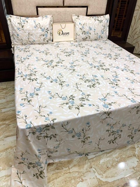 

Pure Decor Cream-Coloured & Blue Floral 400 TC King Bedsheet with 2 Pillow Covers