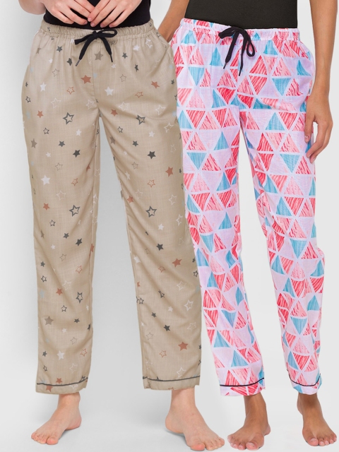 

FashionRack Women Pack Of 2 Pink & Beige Printed Lounge Pants
