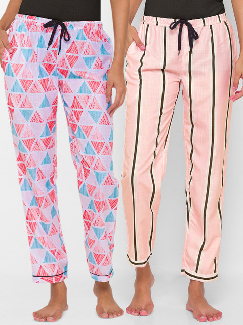 

FashionRack Woman Pack of 2 Red & Pink Inverse Pyramid & Vertical Stripes Lounge Pants