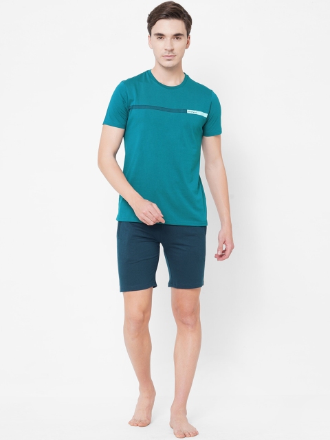 

Sweet Dreams Men Teal & Navy Blue Striped Night Suit