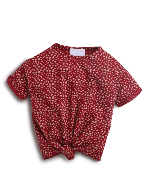 

Hopscotch Girls Red Printed Polo Collar Raw Edge T-shirt