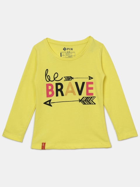 

Hopscotch Girls Yellow Typography Printed Pure Cotton T-shirt