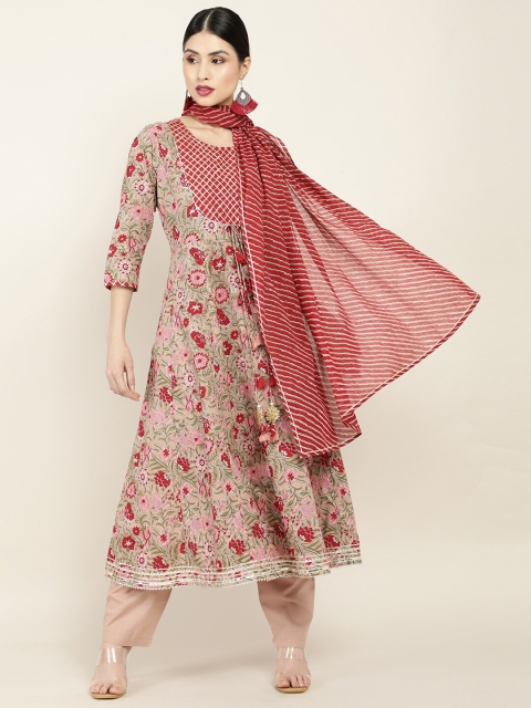 

Soch Women Red Floral Printed Thread Work Pure Cotton Kurta With Trousers & With Dupatta