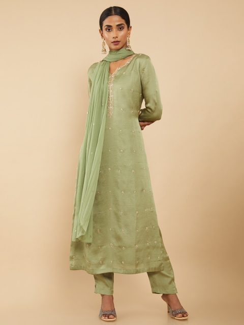 

Soch Women Green Floral Embroidered Gotta Patti Pure Silk Kurta Set With Dupatta