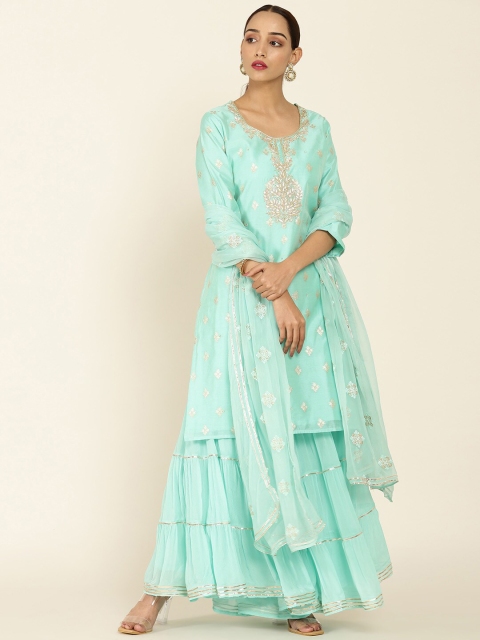 

Soch Women Blue Floral Embroidered Sequinned Kurta with Sharara & With Dupatta