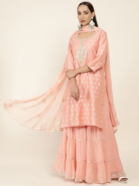 

Soch Women Hand Embroidery Round Neck Sharara Suit Sets, Pink