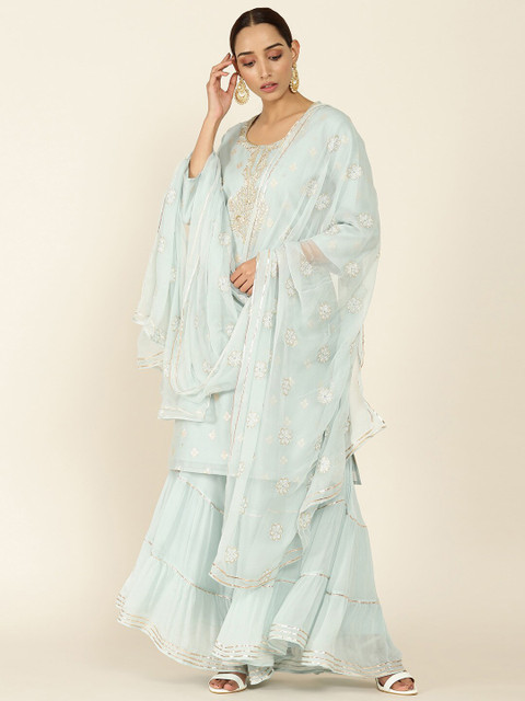 

Soch Women Blue Floral Printed Kurta with Sharara & With Dupatta
