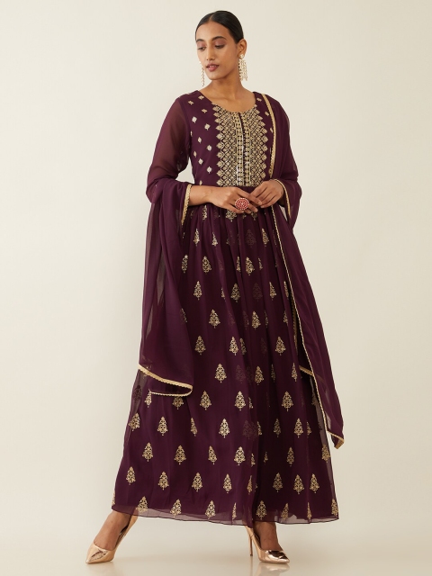 

Soch Women Purple Ethnic Motifs Embroidered Kurta With Churidar & Dupatta