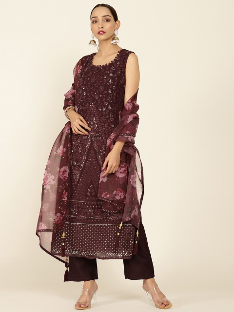 

Soch Women Brown Machine Embroidery Round Neck Palazzo Suit Sets