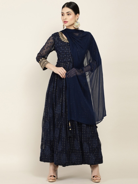 

Soch Women Navy Blue Machine Embroidery Round Neck Chudidar Suit Set