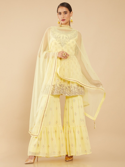 

Soch Women Yellow Floral Embroidered Pleated Kurti with Sharara & Dupatta