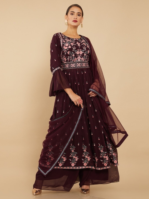 

Soch Women Burgundy Floral Embroidered Flared Kurta With Palazzos & Dupatta