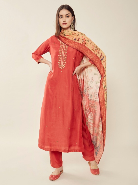 

Soch Women Rust & Yellow Floral Printed Kurta with Trousers & Dupatta