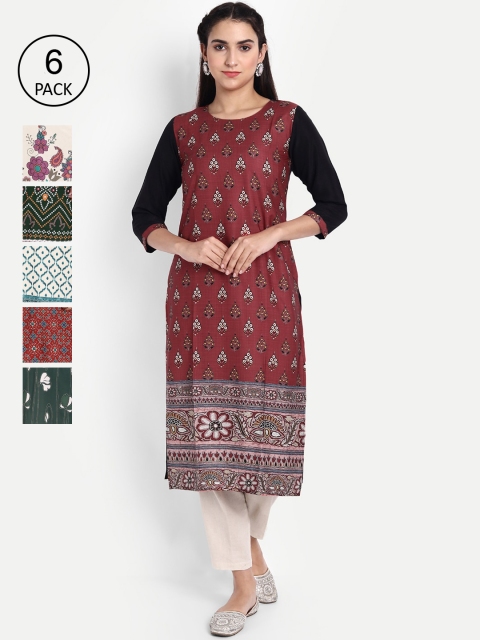 

KALINI Women Pack Of 6 Multicoloured Ethnic Motifs Printed Crepe Kurta, Multi