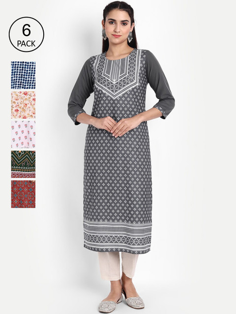 

KALINI Women Pack of 6 Ethnic Motifs Printed Crepe Kurta, Blue