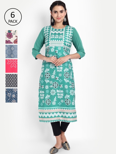 

KALINI Women Pack of 6 Ethnic Motifs Printed Crepe Kurta, Blue