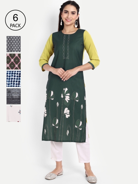 

KALINI Women Pack of 6 Printed Crepe Kurtas, Green
