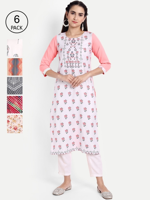 

KALINI Women Pack of 6 Printed Crepe Kurtas, Pink