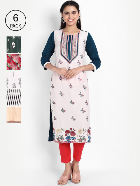 

KALINI Women Pack of 6 Multicoloured Printed Crepe Straight Kurta, Multi