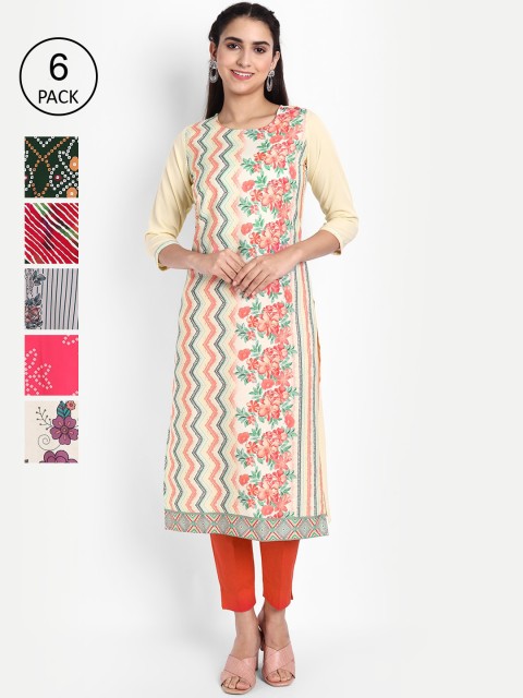 

KALINI Women Pack of 6 Printed Crepe Kurtas, Red