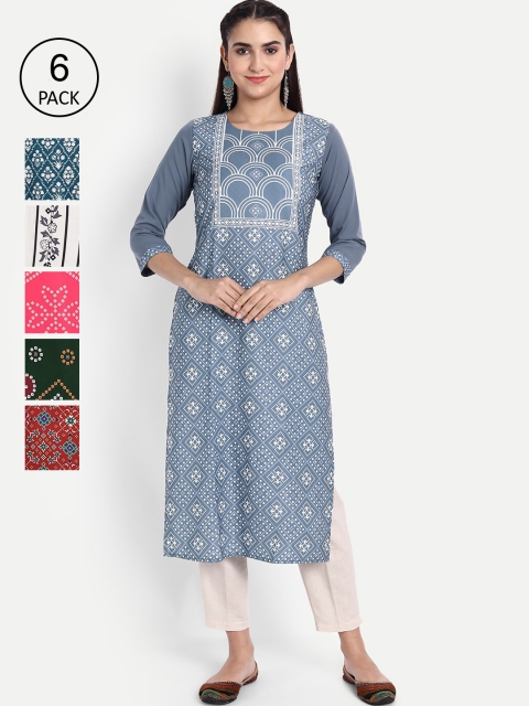 

KALINI Women Pack Of 6 Multicoloured Geometric Printed Crepe Kurta, Multi