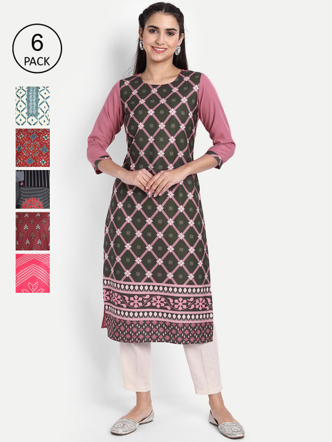 

KALINI Women Pack of 6 Printed Crepe Kurtas, Pink