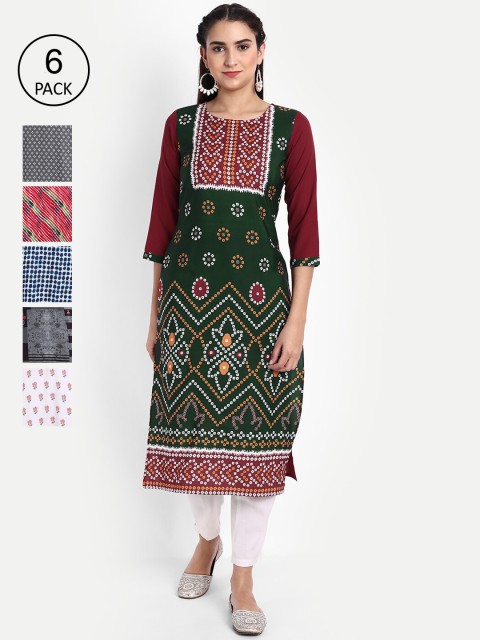 

KALINI Women Pack Of 6 Ethnic Motifs Printed Crepe Kurta, Green