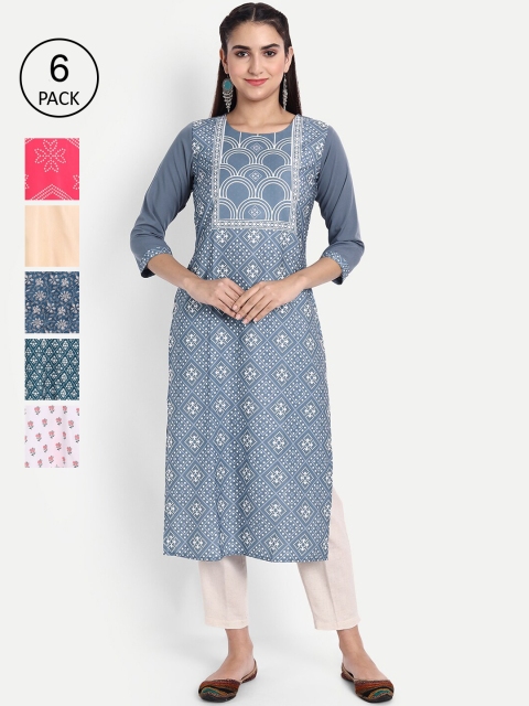 

KALINI Women Pack Of 6 Multicoloured Floral Printed Crepe Kurta, Multi