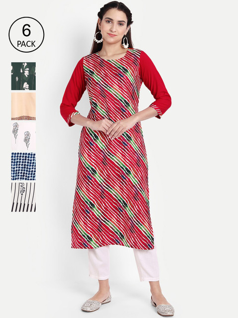 

KALINI Women Pack of 6 Printed Crepe Kurtas, Red