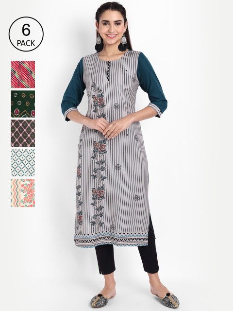 

KALINI Women Pack of 6 Ethnic Motifs Printed Crepe Kurta, Red