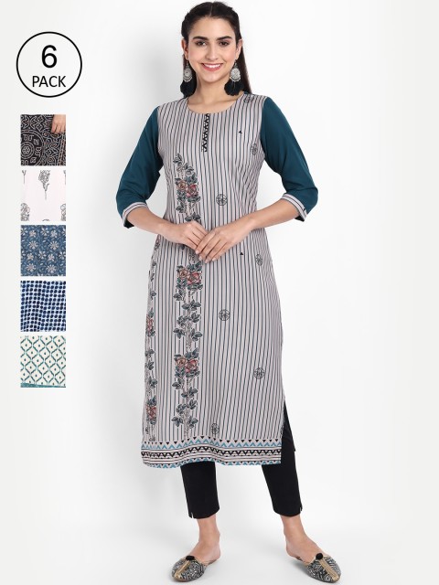 

KALINI Women Pack of 6 Printed Crepe Kurtas, Black