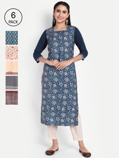 

KALINI Women Pack of 6 Multi Floral Printed Straight Kurta