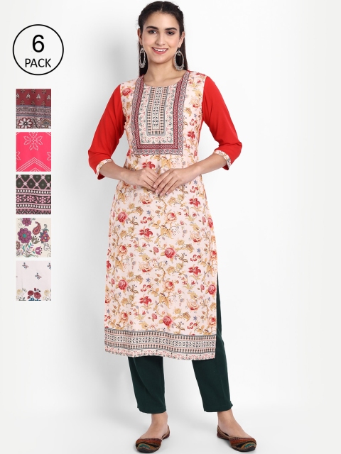 

KALINI Women Pack of 6 Printed Kurtas, Pink