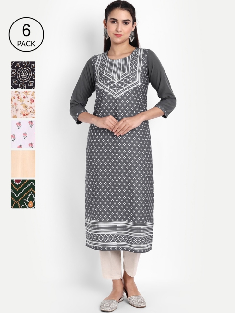 

KALINI Women Pack of 6 Printed Crepe Kurtas, Grey