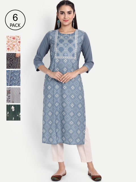 

KALINI Women Pack of 6 Printed Crepe Kurtas, Grey